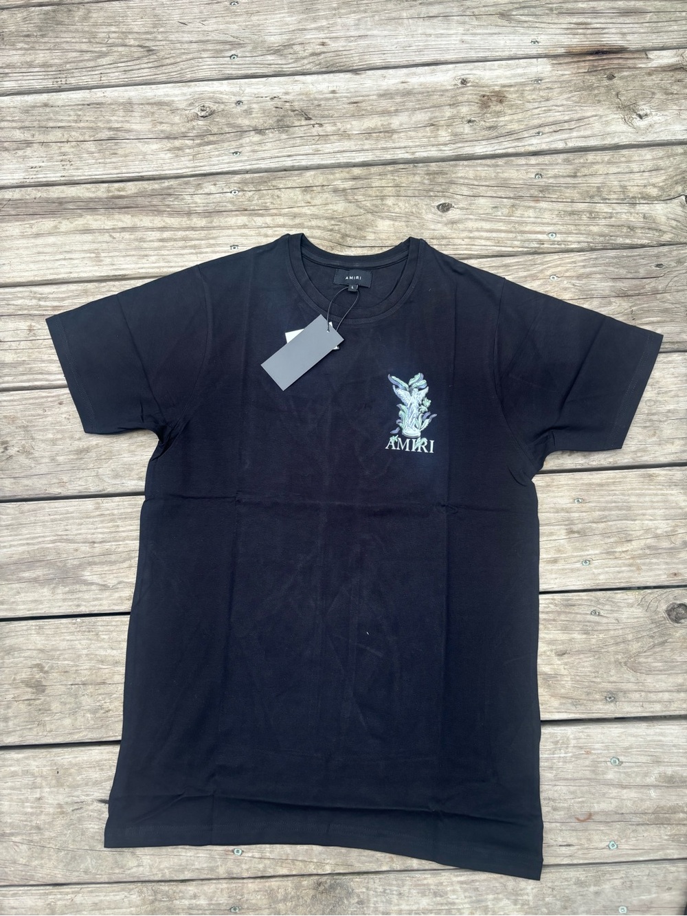 AMIRI Black Cotton Tee with Subtle Floral Chest Graphic